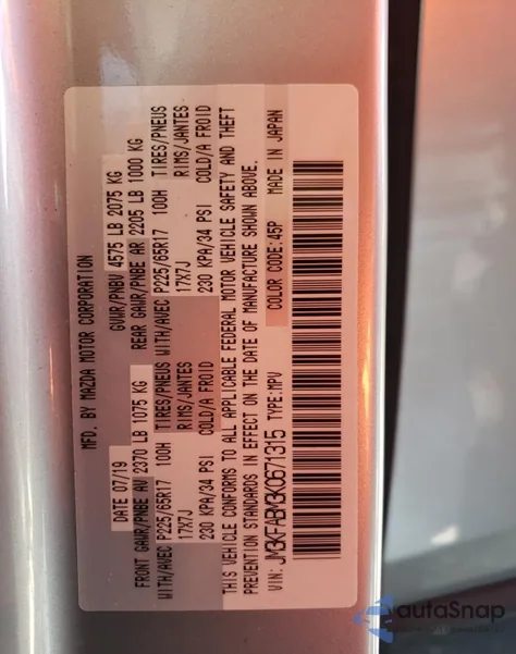 2019 Mazda Cx-5 Sport z USA, uszkodzony, nr VIN JM3KFABM3K0671315